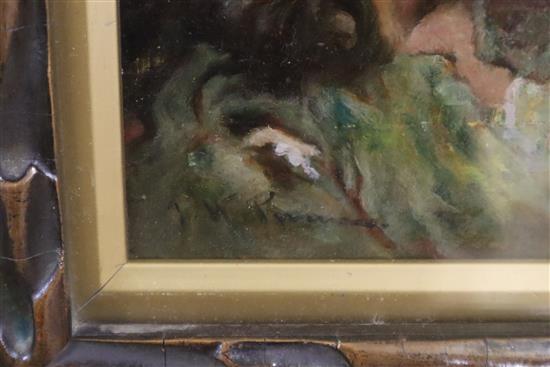J* M* P*, Head and shoulder portrait of a young lady wearing a green dress, oil on board, 14.5 x 12cm